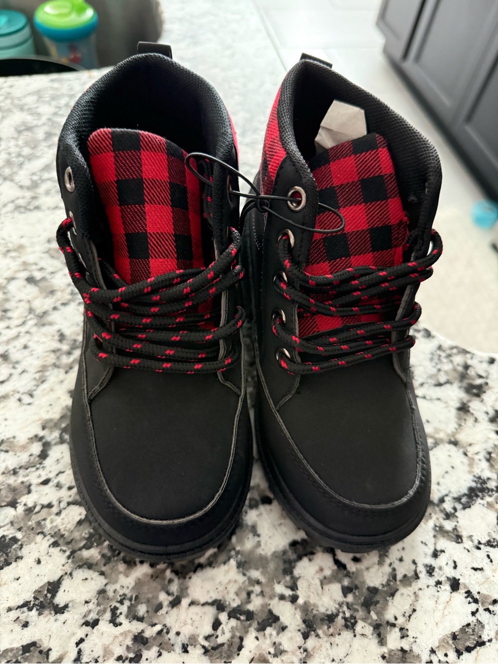 Kids Black Boots with Red Plaid Accent - Lace-Up Outdoor Style